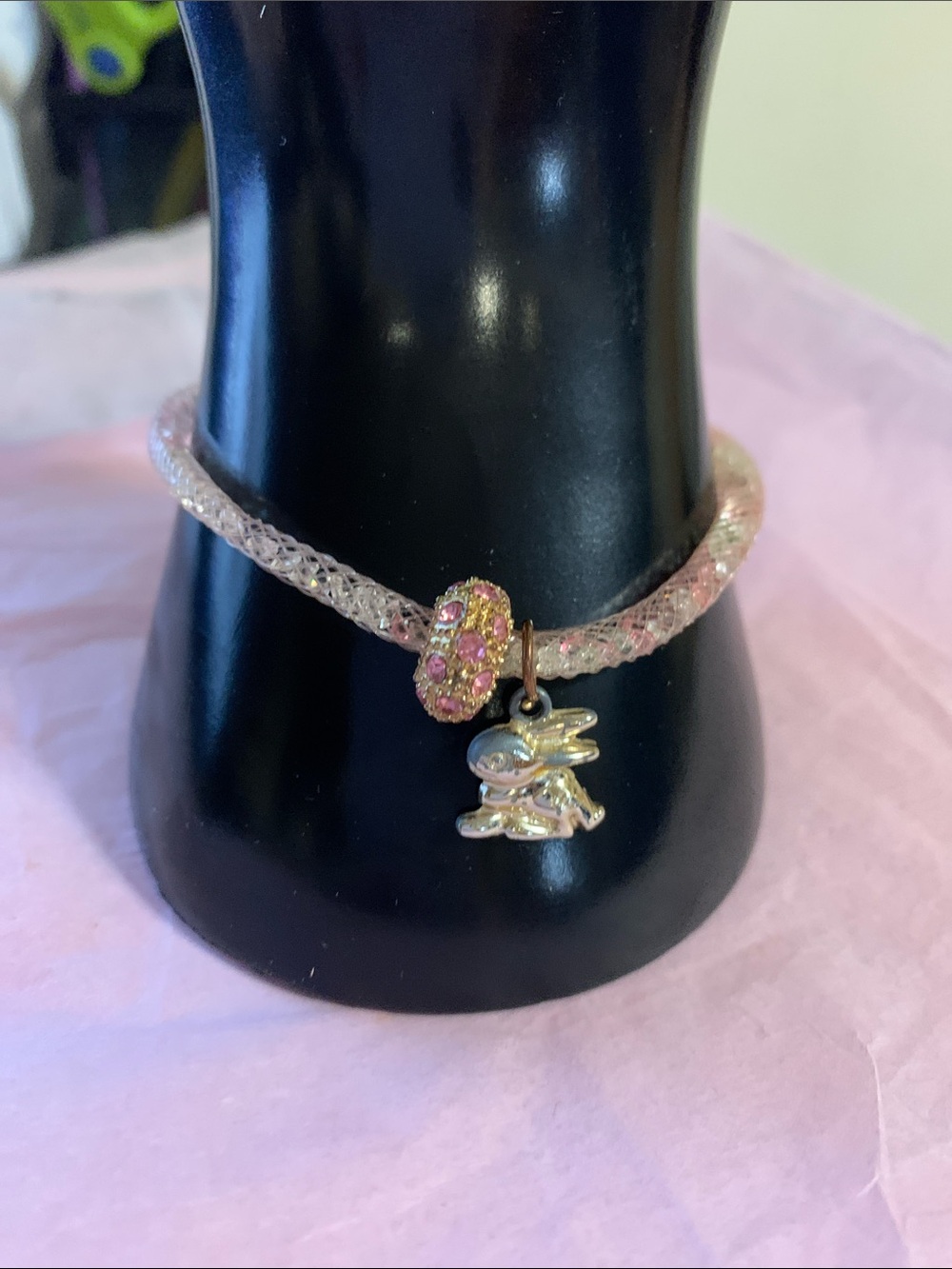 Pink Crystal Mesh Bracelet with Bunny Charm